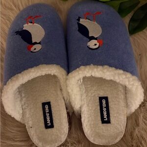Lands' End Blue Slippers with Puffin Embroidery